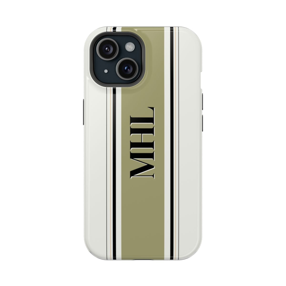 Front view of personalized magnetic tough iPhone case with black monogram on background of vertical stripes in olive green, black, and cream.