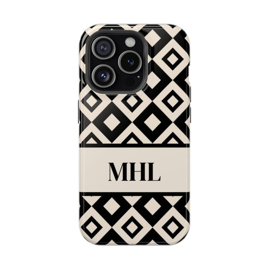 front view of personalized slim iPhone case with black monogram on cream and black repeating diamond pattern background