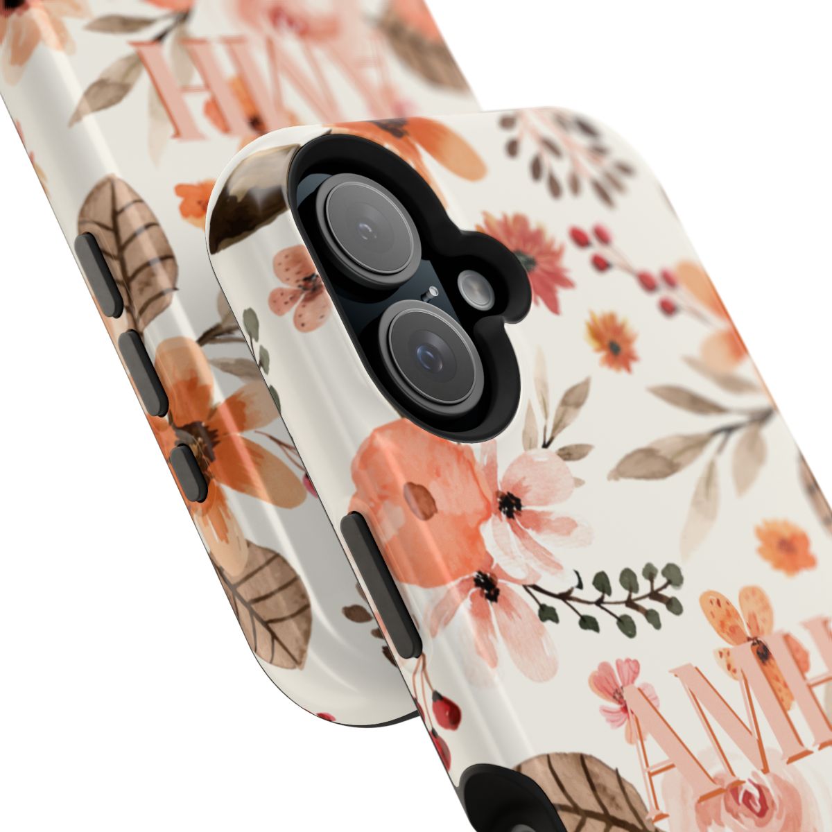 Close up  view of camera on personalized magnetic tough iPhone Case with pink monogram on a vintage pink and coral floral background