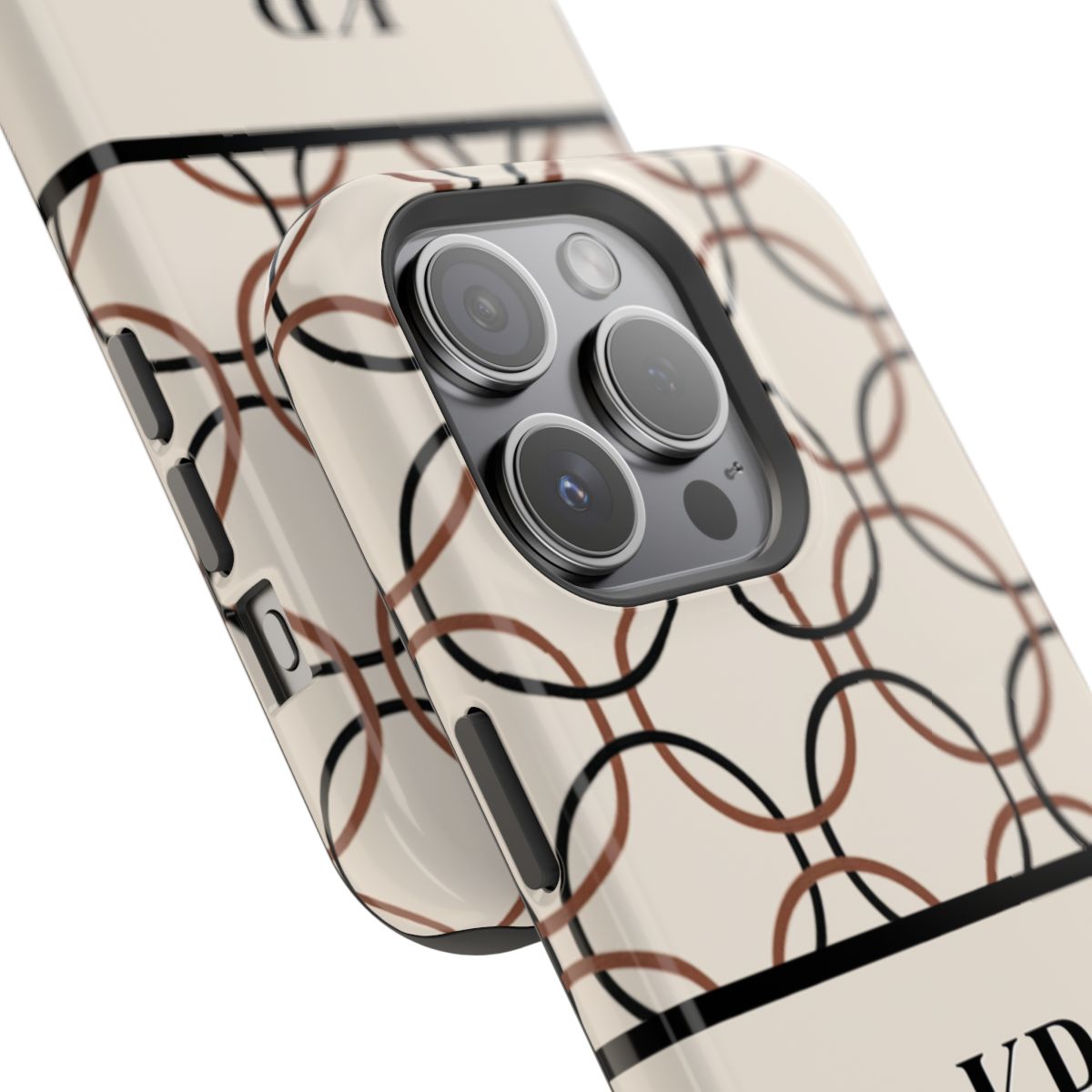 Close up view of camera on personalized magnetic tough iPhone case with black monogram on a cream background with repeating design of interlocking brown and black circles