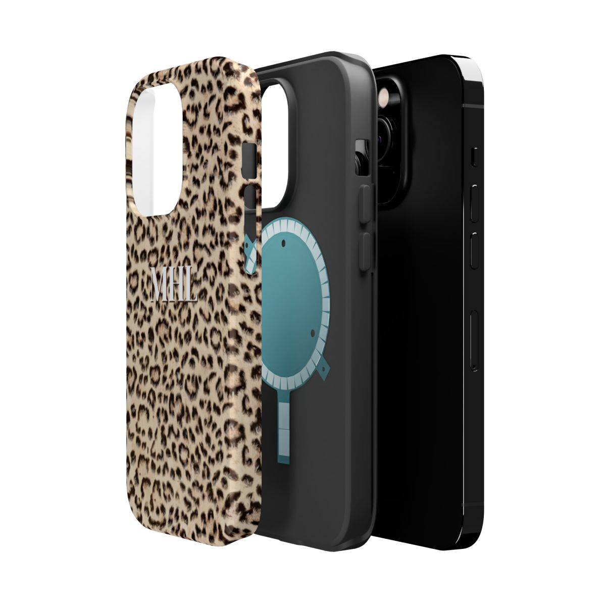 Side view of  dual layers of personalized magnetic tough iPhone case with white monogram on leopard print background