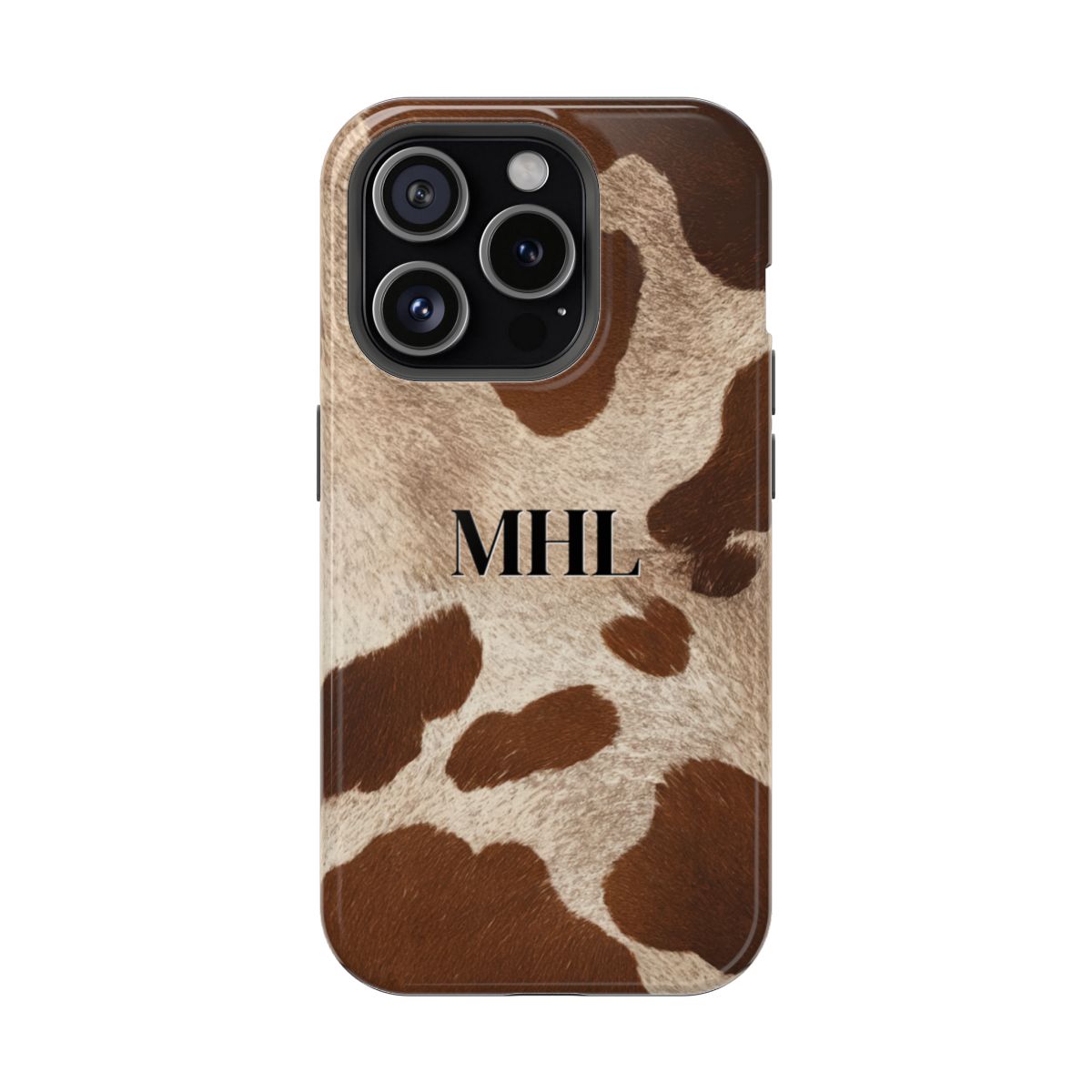 Personalized magnetic tough iPhone case with black monogram on cowhide pattern background in brown and cream