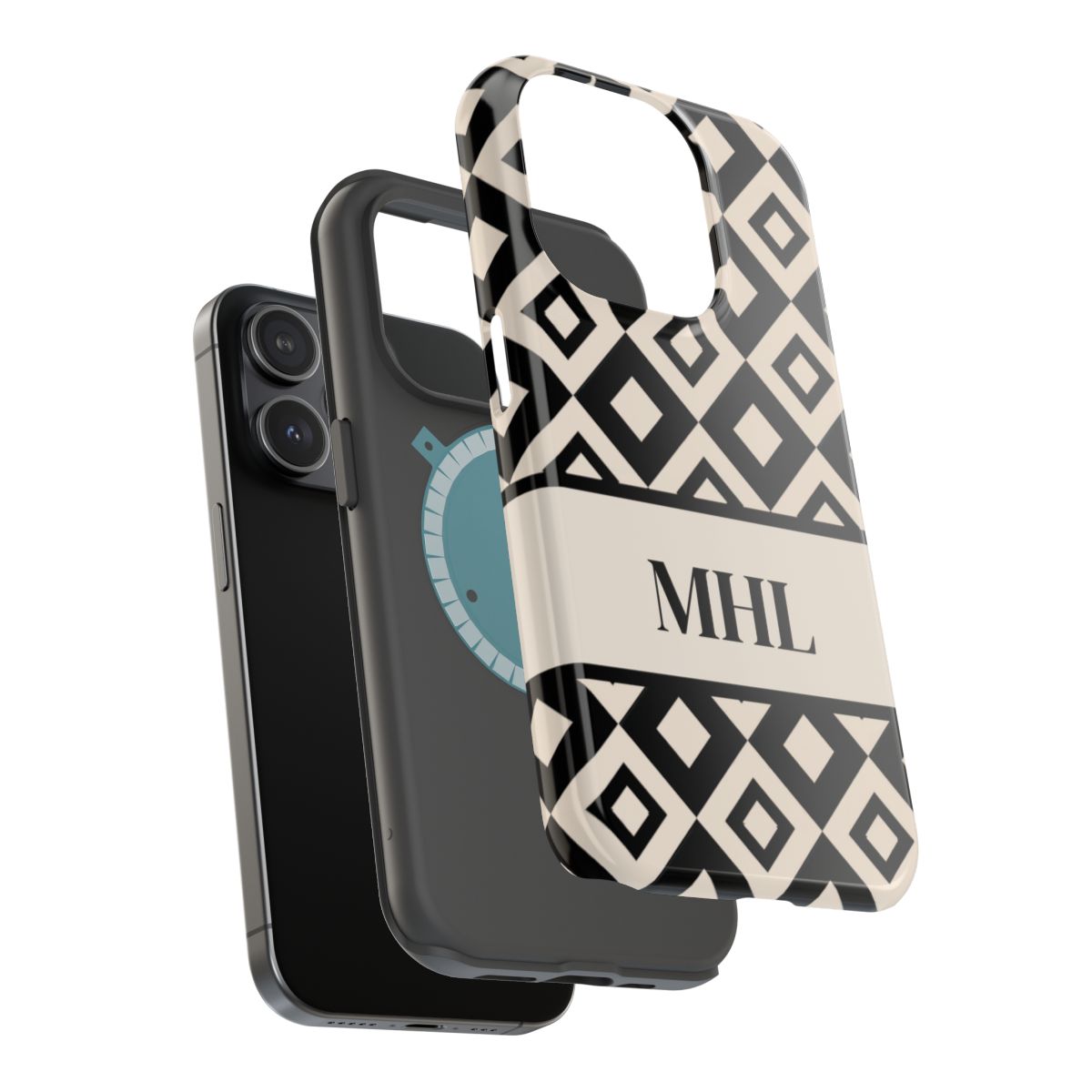 front and side view of personalized slim iPhone case with black monogram on cream and black repeating diamond pattern background