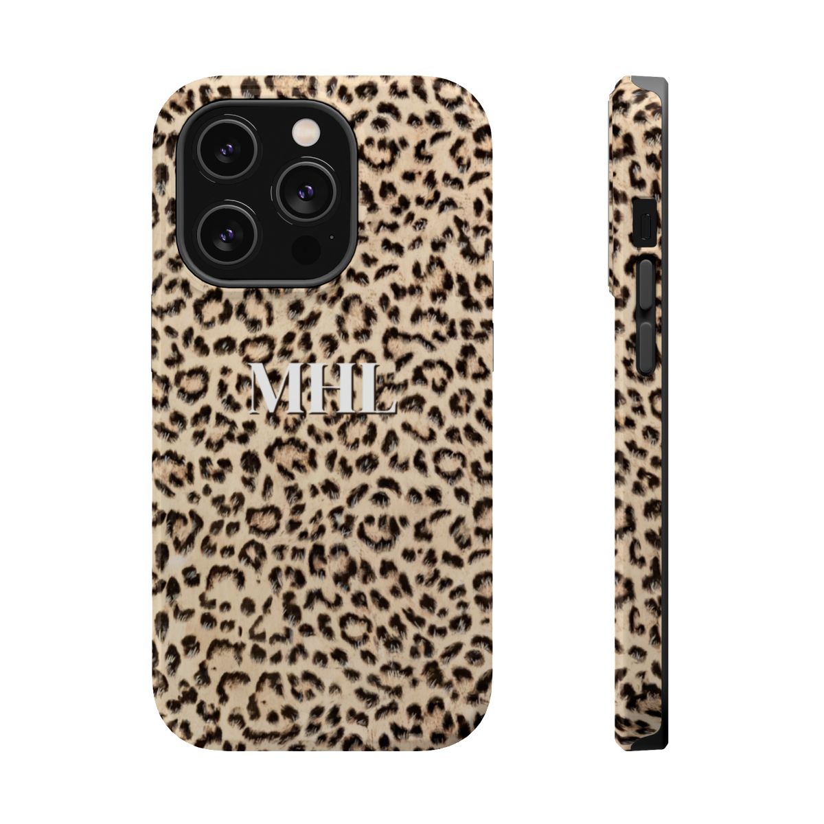 front and side view of front view of personalized magnetic tough iPhone case with white monogram on leopard print background