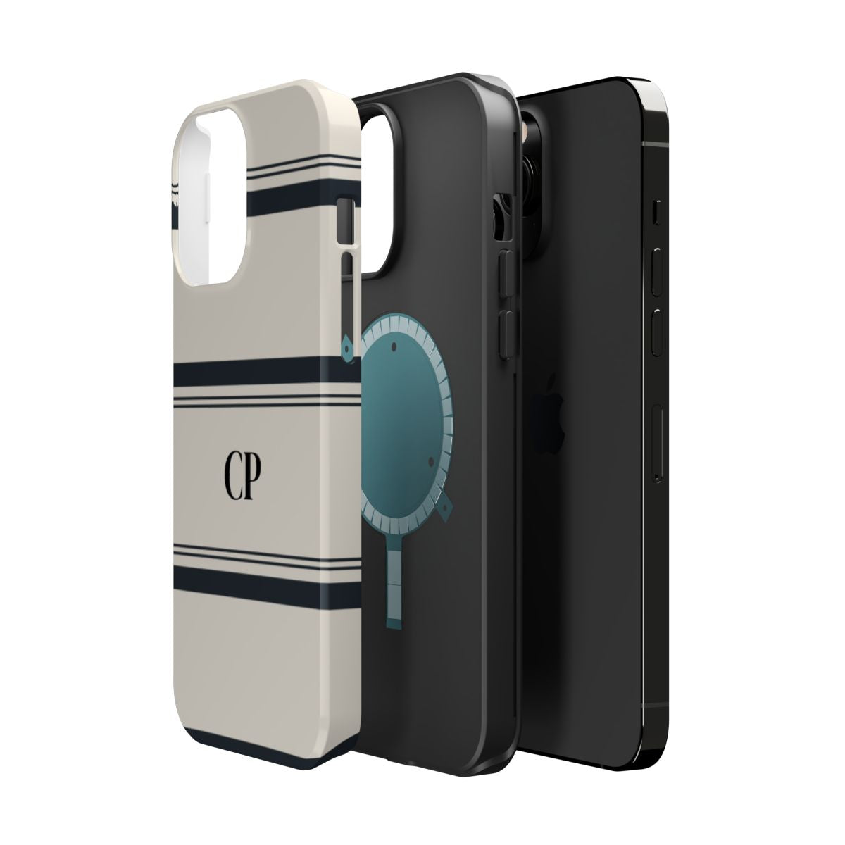 side view of personalized magnetic tough iPhone case with black monogram and horizontal black and cream striped pattern