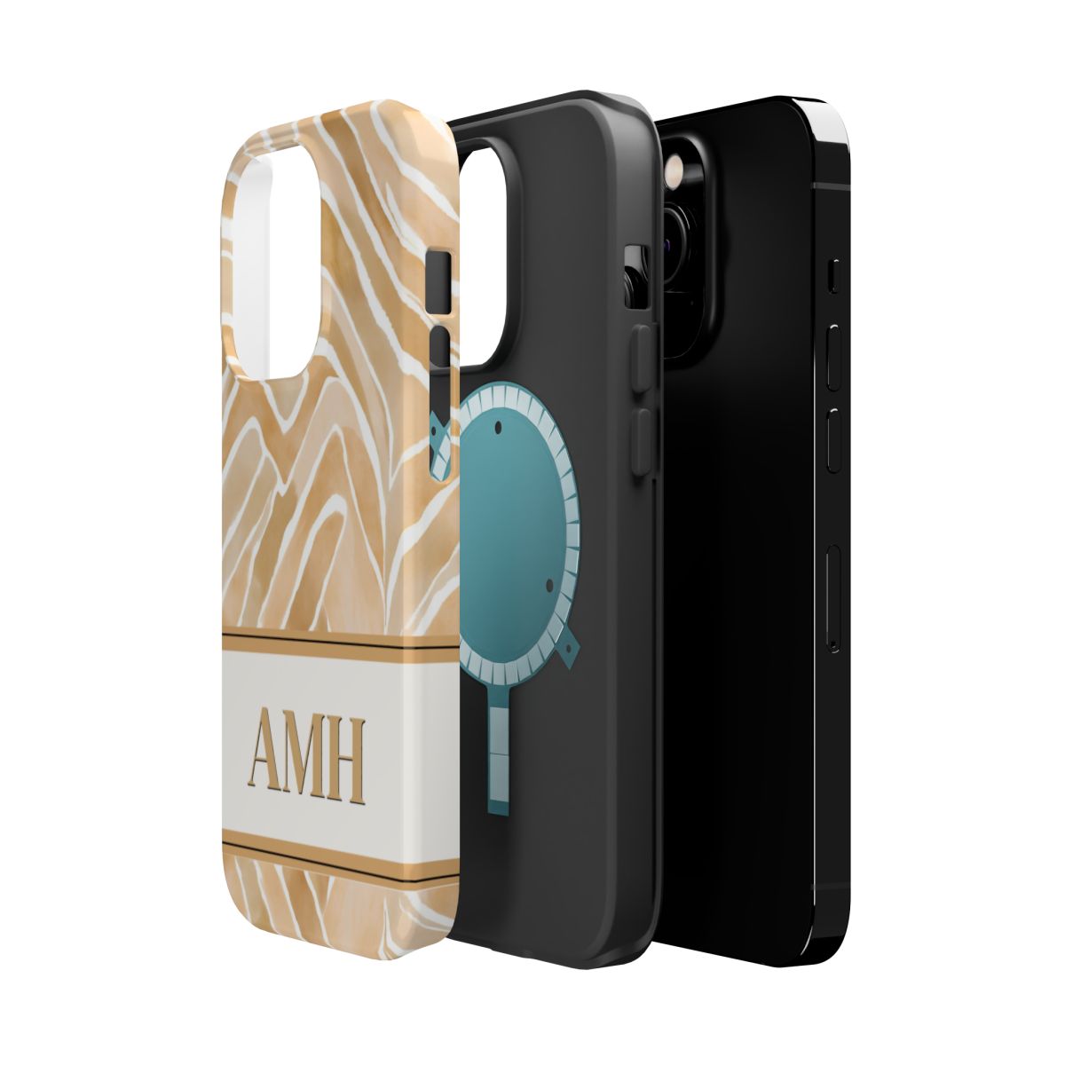 side view of personalized slim iPhone case with light coral monogram on an abstract tan, coral and cream background