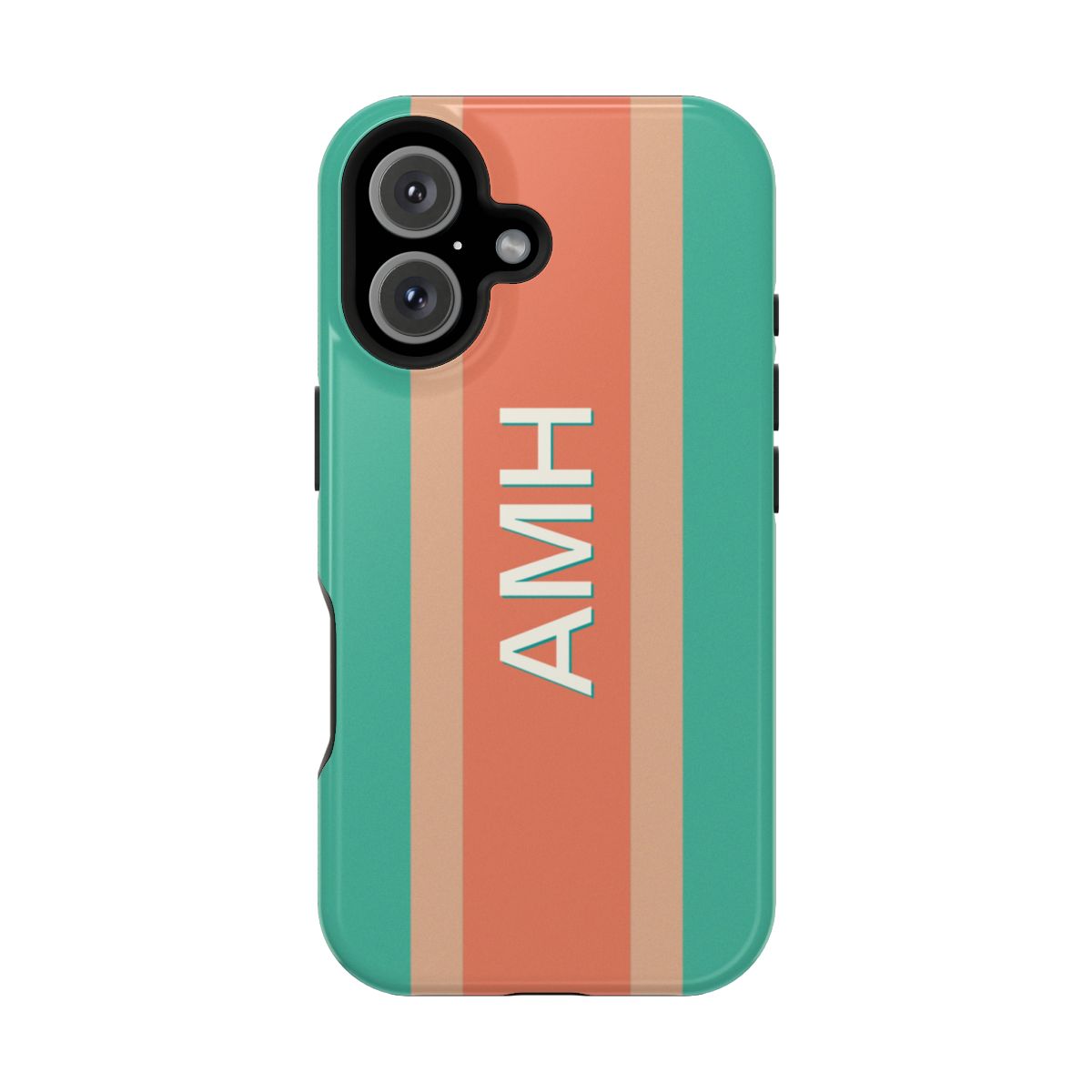 Personalized magnetic tough case with white monogram on background of vertical turquoise and coral stripes