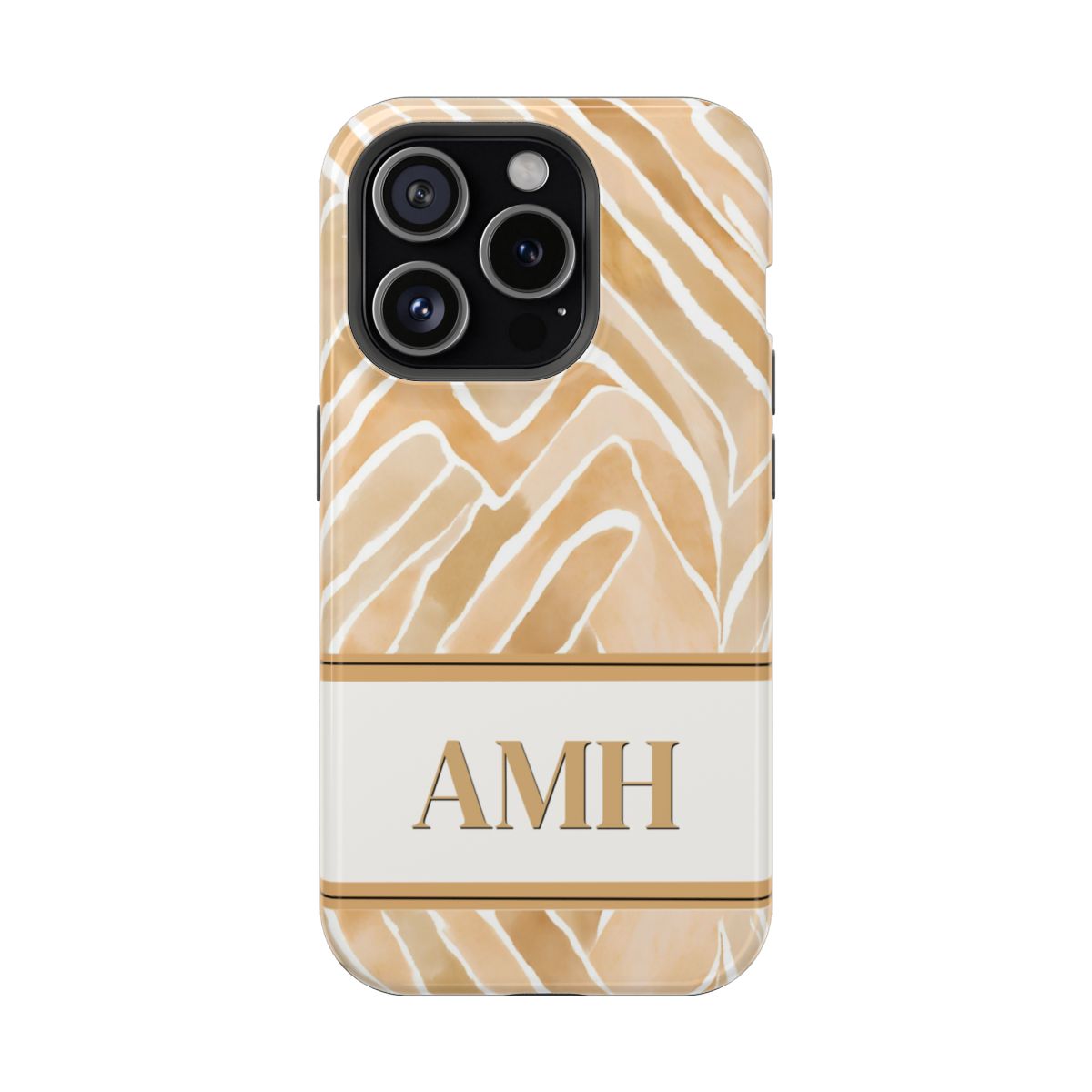 front view of personalized slim iPhone case with light coral monogram on an abstract tan, coral and cream background