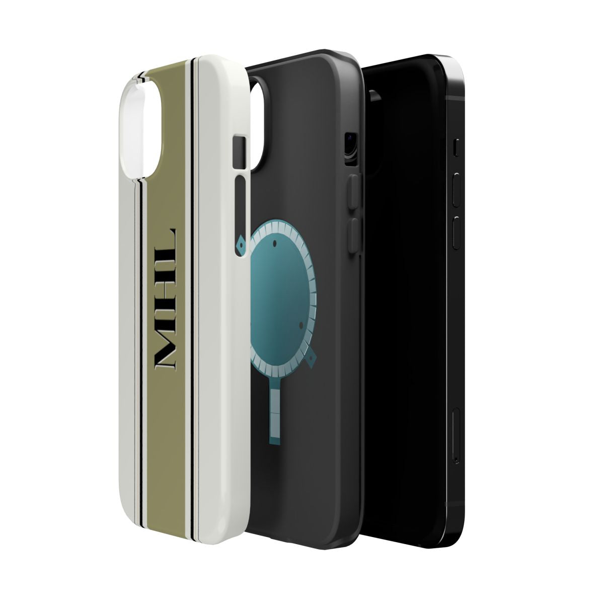 Side view of personalized magnetic tough iPhone case with black monogram on background of vertical stripes in olive green, black, and cream. The image shows the inner magnetic layer and front shell