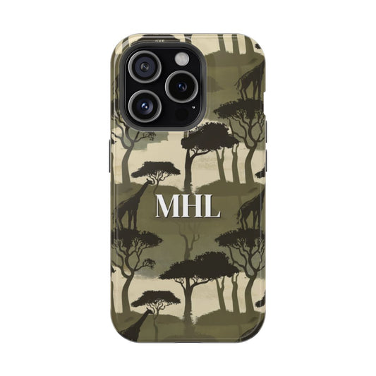 Front view of personalized magnetic tough iPhone case with white monogram and repeating pattern of silhouette  of giraffes and trees in olive green, cream, and black