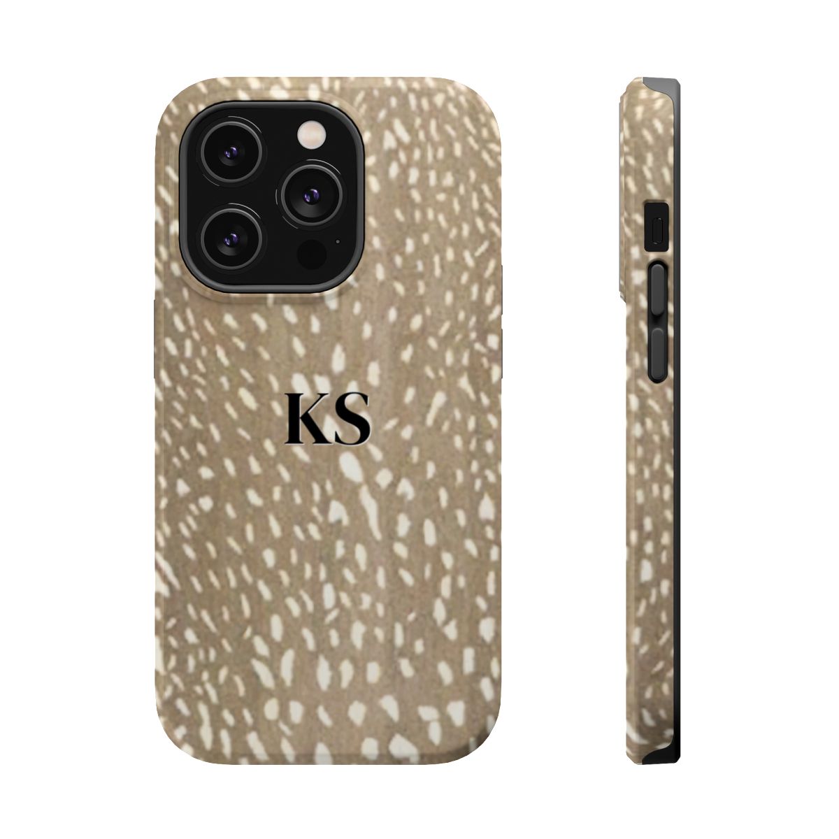 Front and side view of personalized magnetic tough iPhone case with black monogram on a spotted deer print pattern background in tan and cream