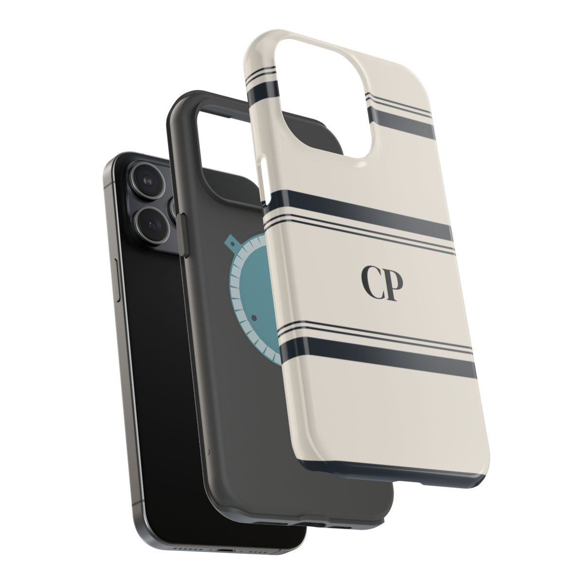 side view of personalized magnetic tough iPhone case with black monogram and horizontal black and cream striped pattern