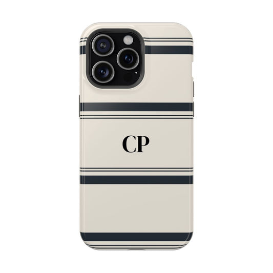 personalized magnetic tough iPhone case with black monogram and horizontal black and cream striped pattern