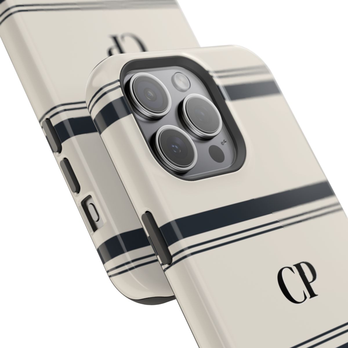 close up of personalized magnetic tough iPhone case with black monogram and horizontal black and cream striped pattern