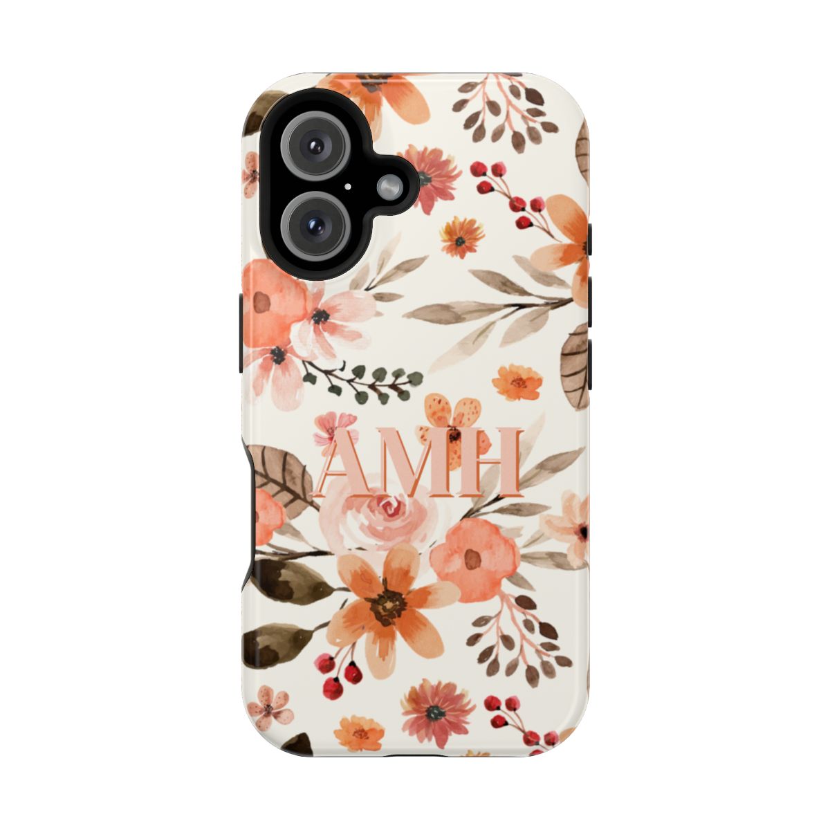 Front view of personalized magnetic tough iPhone Case with pink monogram on a vintage pink and coral floral background