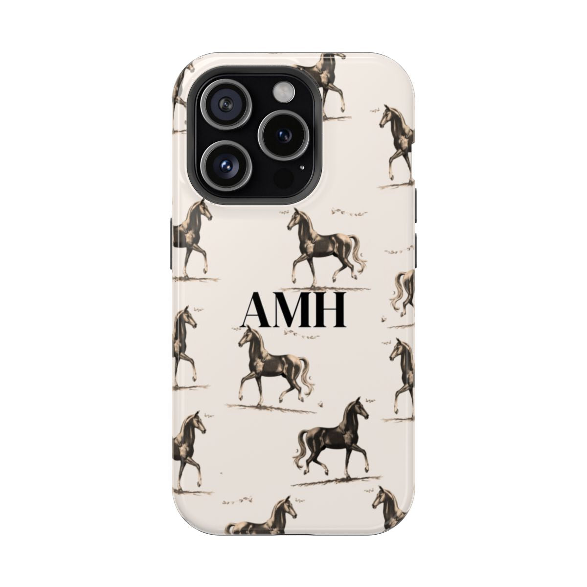 Front view of personalized magnetic tough iPhone case with black monogram on background of repeating pattern of brown horses