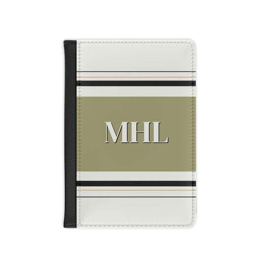 Front view of personalized passport cover with cream monogram on horizontal olive green, cream and black stripes