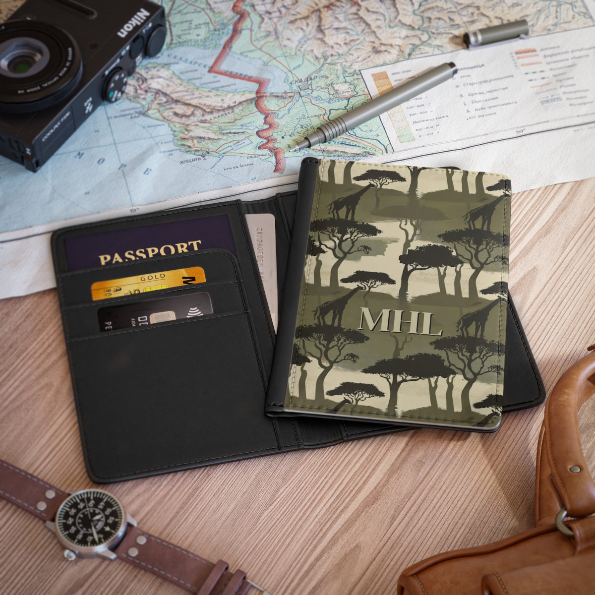 personalized passport cover with repeating pattern of giraffes and trees in olive green