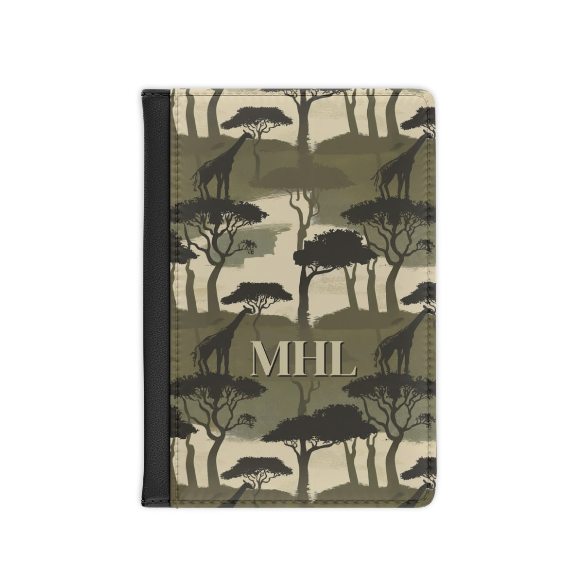 personalized passport cover with repeating pattern of giraffes and trees in olive green