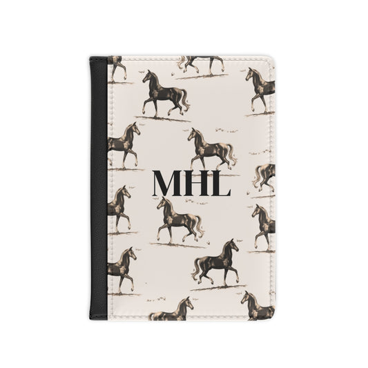 personalized passport cover with a repeating pattern of brown cantering horses on cream background