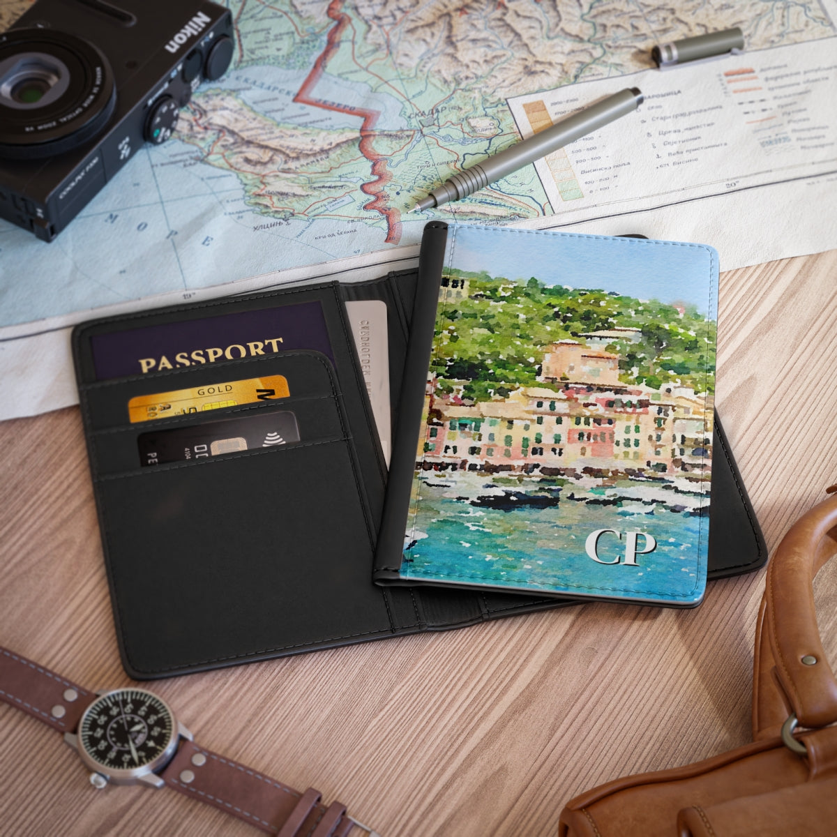 personalized passport cover with a watercolor of Portofino 