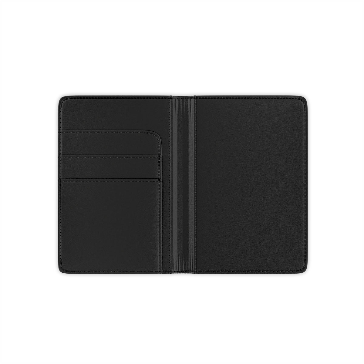 Inside cover of faux leather personalized passport cover with a black monogram on black and cream striped background