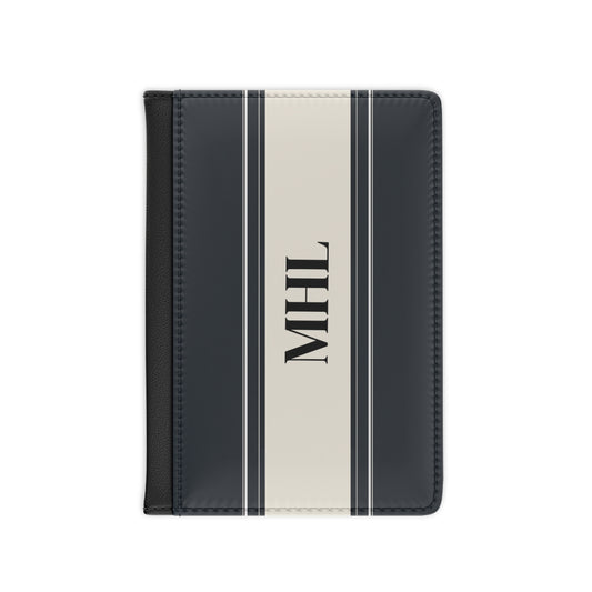 personalized passport cover with a black monogram on black and cream striped background