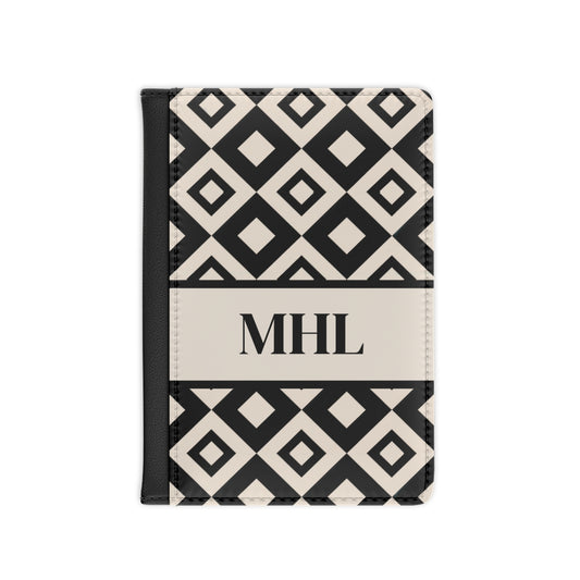 personalized passport cover with a repeating pattern of cream and black diamond shapes