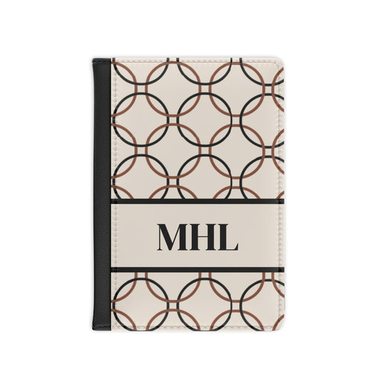 personalized passport cover with a repeating pattern of cream and brown interlocking circular links