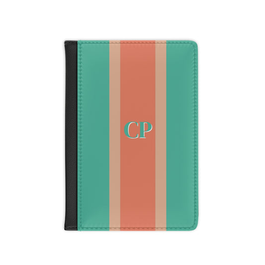 personalized passport cover with vertical stripes in turquoise and coral