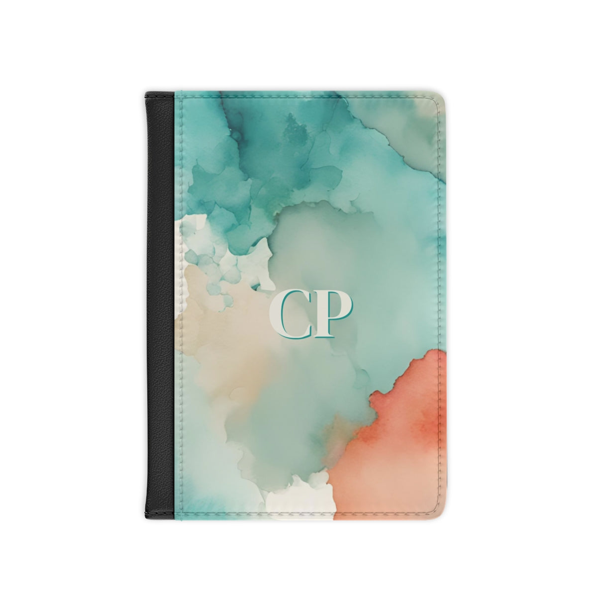 Personalized passport cover with cream monogram on cream, turquoise, and orange abstract watercolor pattern background