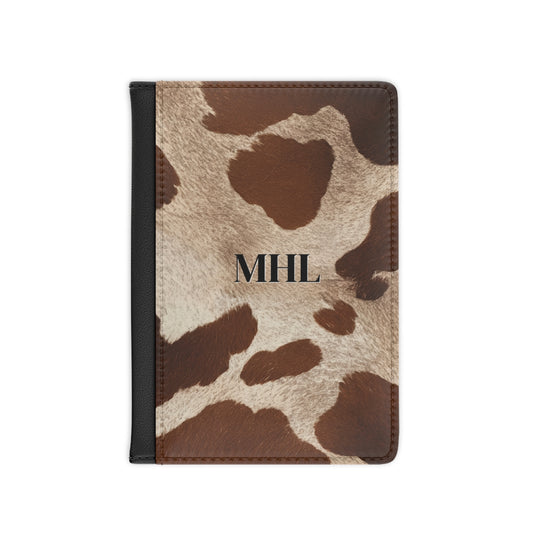 personalized passport cover with cowhide pattern in brown and cream