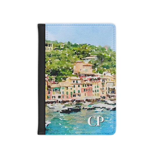 personalized passport cover with a watercolor of Portofino 