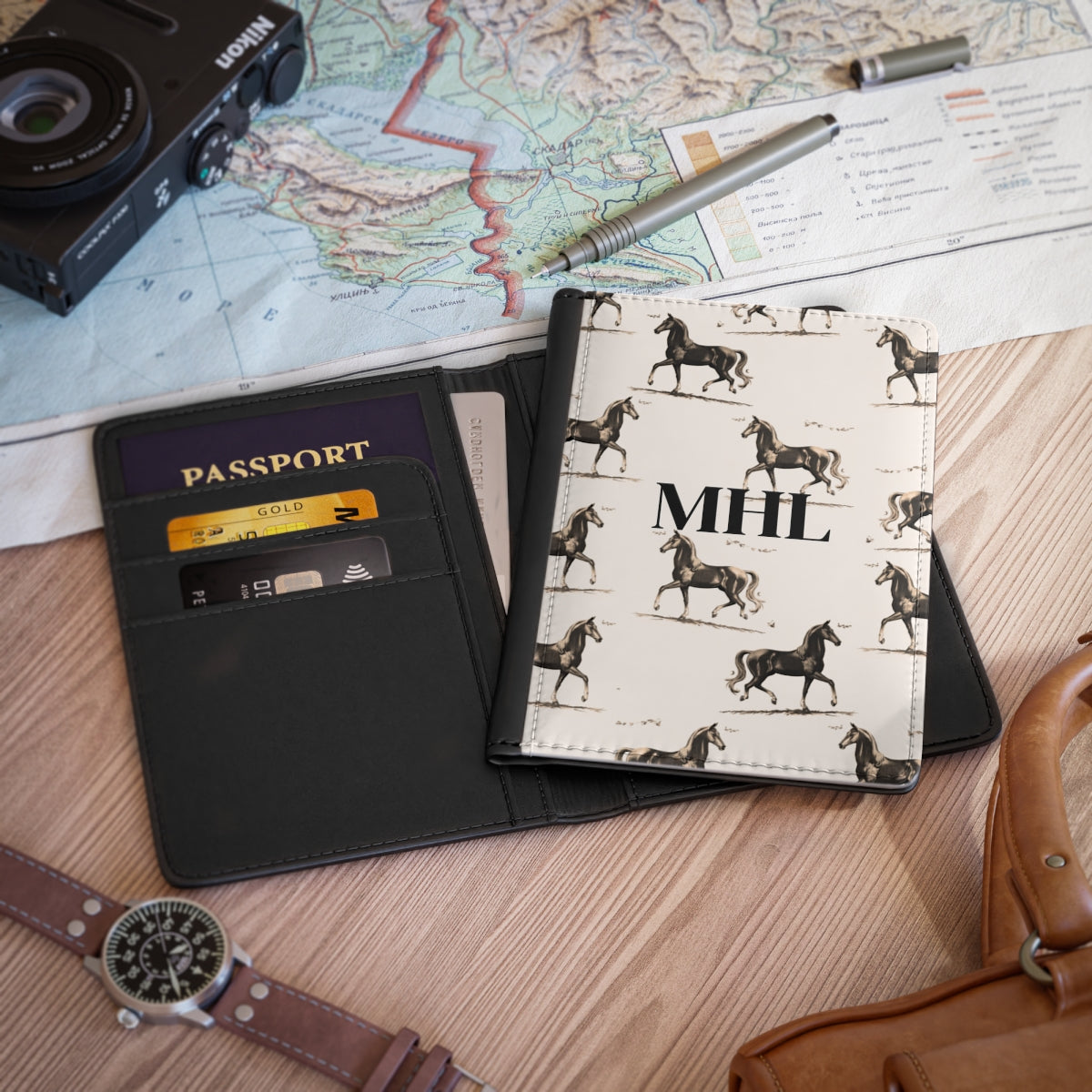 personalized passport cover with a repeating pattern of brown cantering horses on cream background