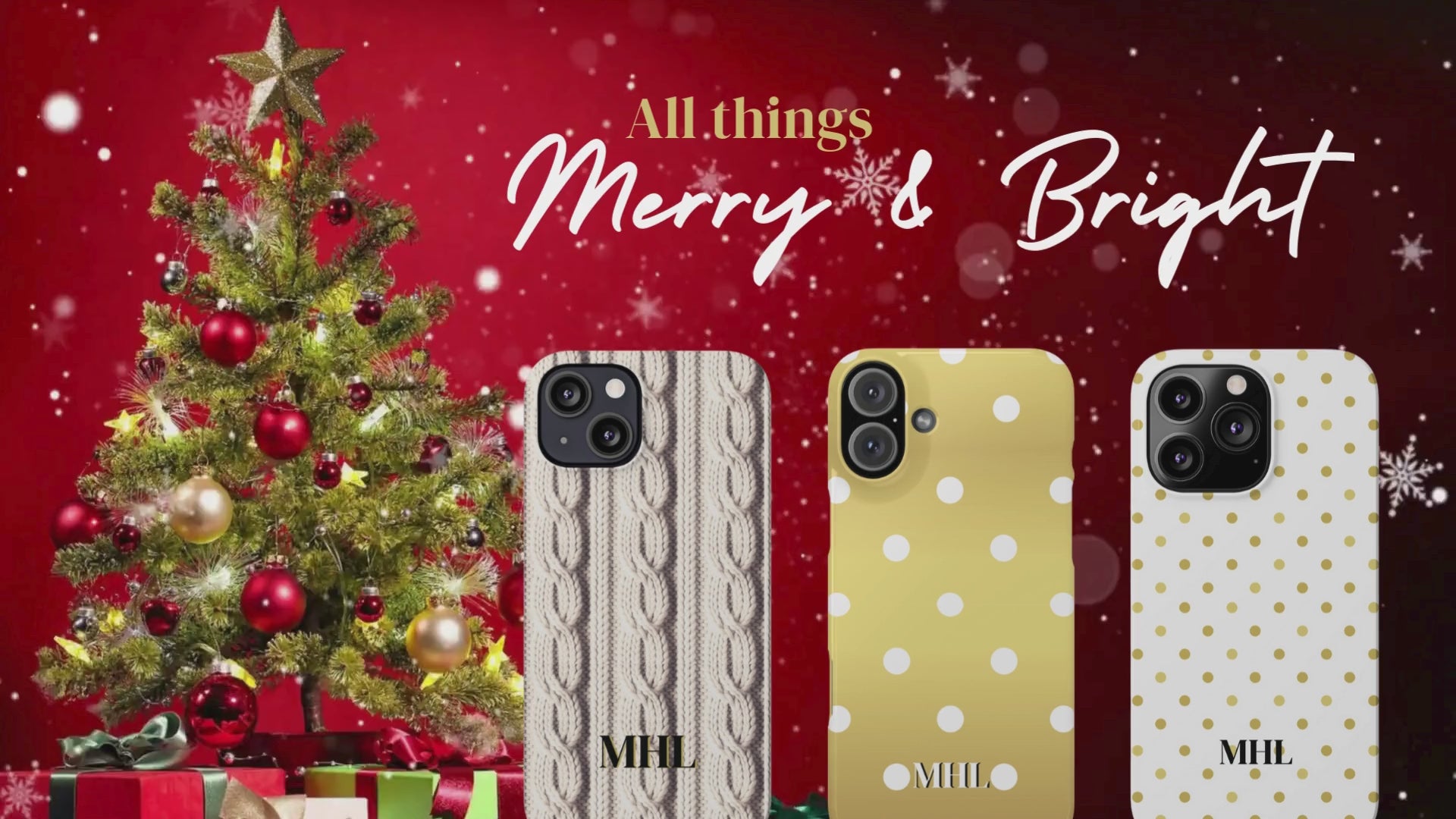 Load video: Merry &amp; Bright gold iPhone collection on a red background with a Christmas tree and falling snow