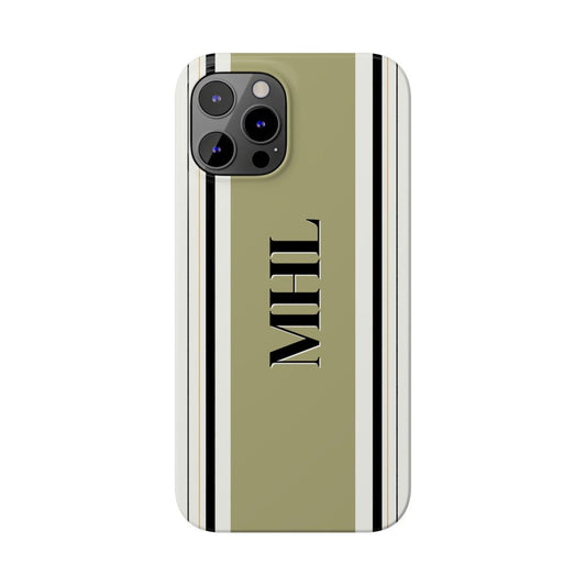 personalized slim iphone case with black monogram on  vertical olive, black and cream stripes