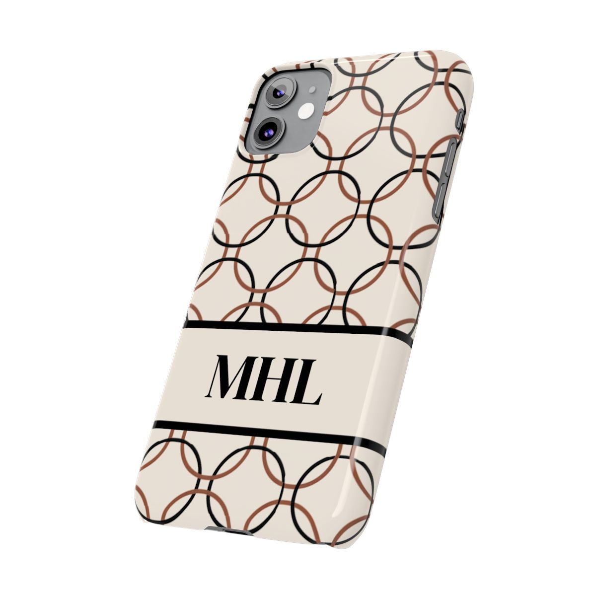 angled front view of personalized slim iPhone case with black monogram on a cream background with repeating design of interlocking brown and black circles