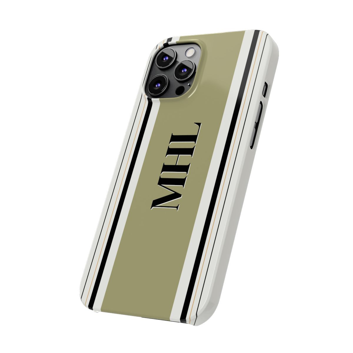 angled front view of personalized slim iPhone case with black monogram on  vertical olive, black and cream stripes