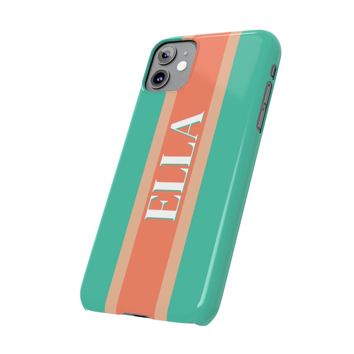 angled front view of personalized iPhone case with white letters on a background of turquoise and coral vertical stripes