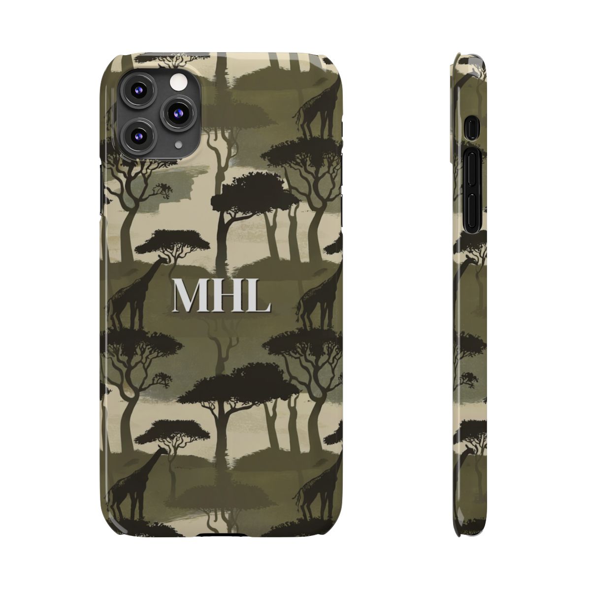 Front and side view of personalized slim iPhone case with white monogram on background of repeating giraffe and tree silhouettes in olive green, cream and black.