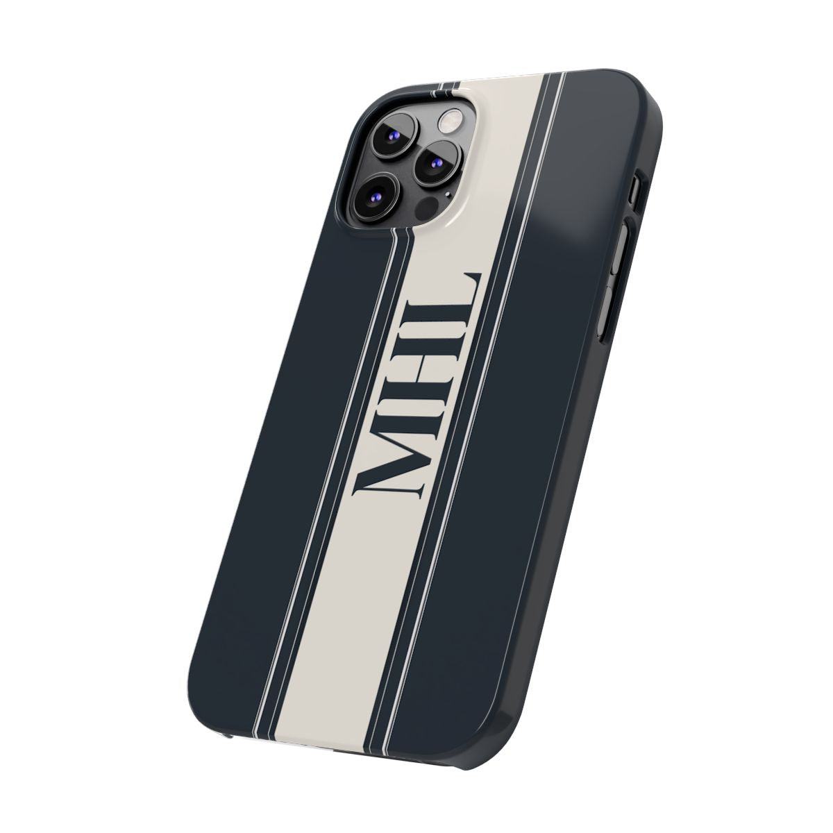 angled front view of personalized slim iPhone case with black monogram on a cream and black vertical striped background