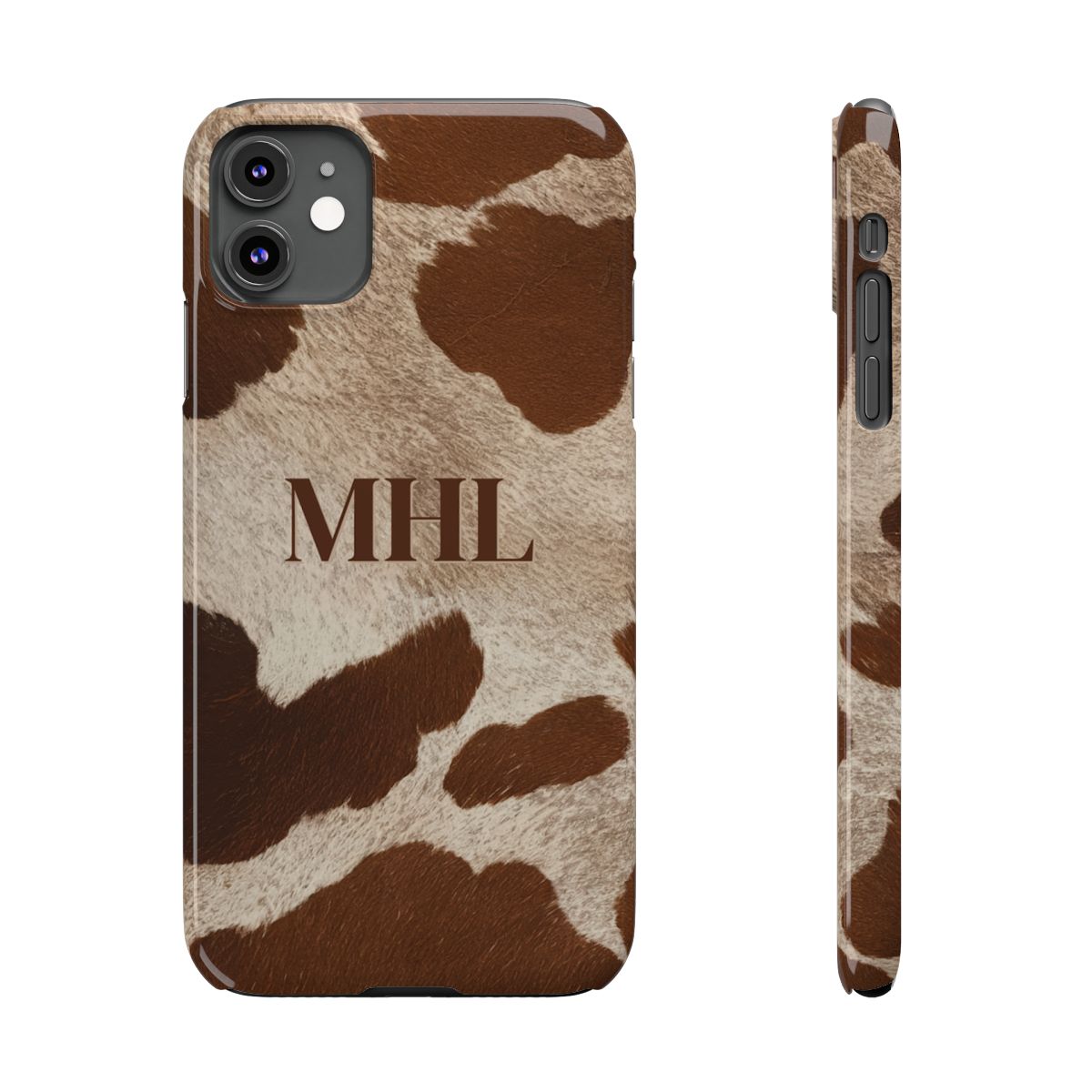 Front and side view of personalized slim iPhone case with brown monogram on brown and cream cowhide print background