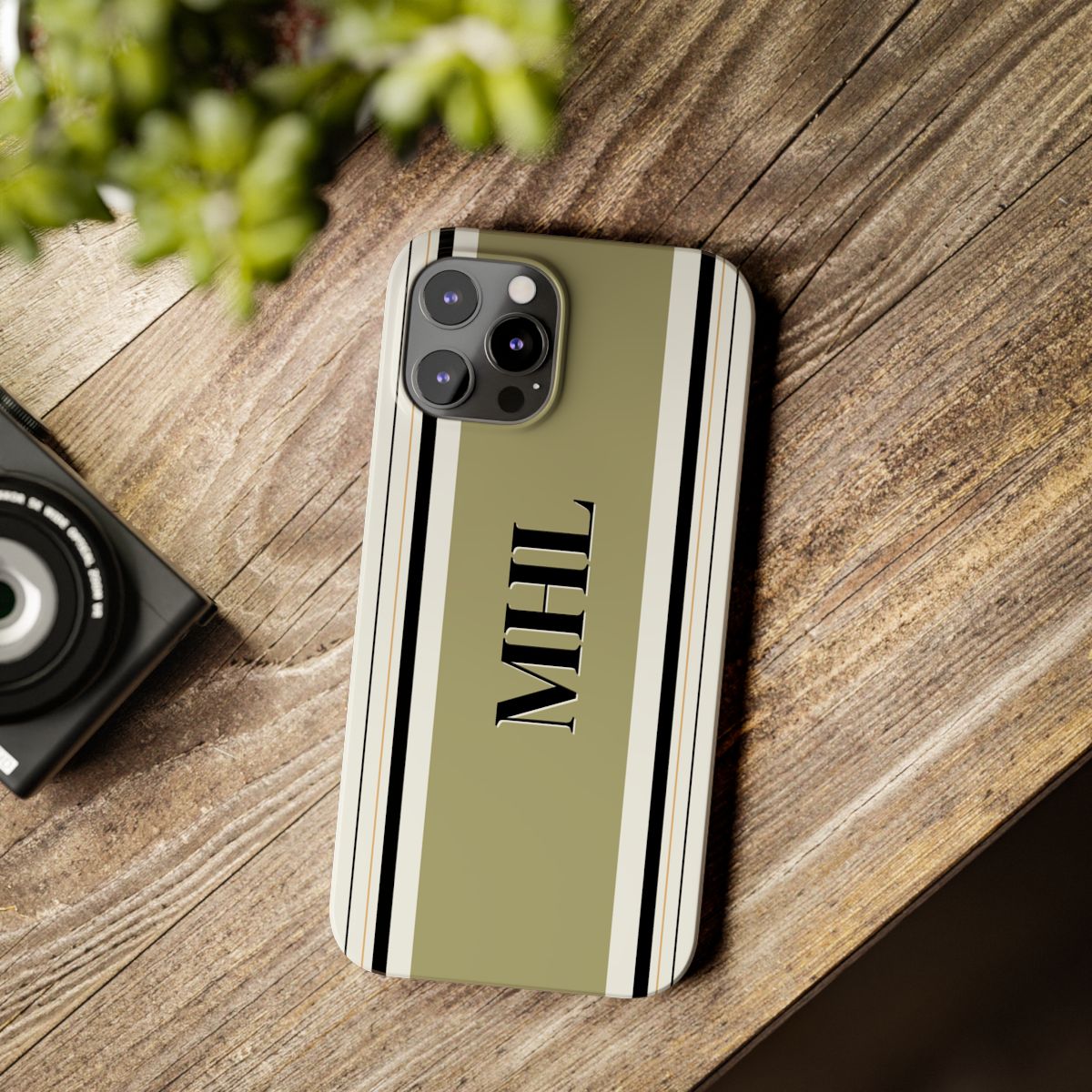 front view of personalized slim iphone case with black monogram on  vertical olive, black and cream stripes