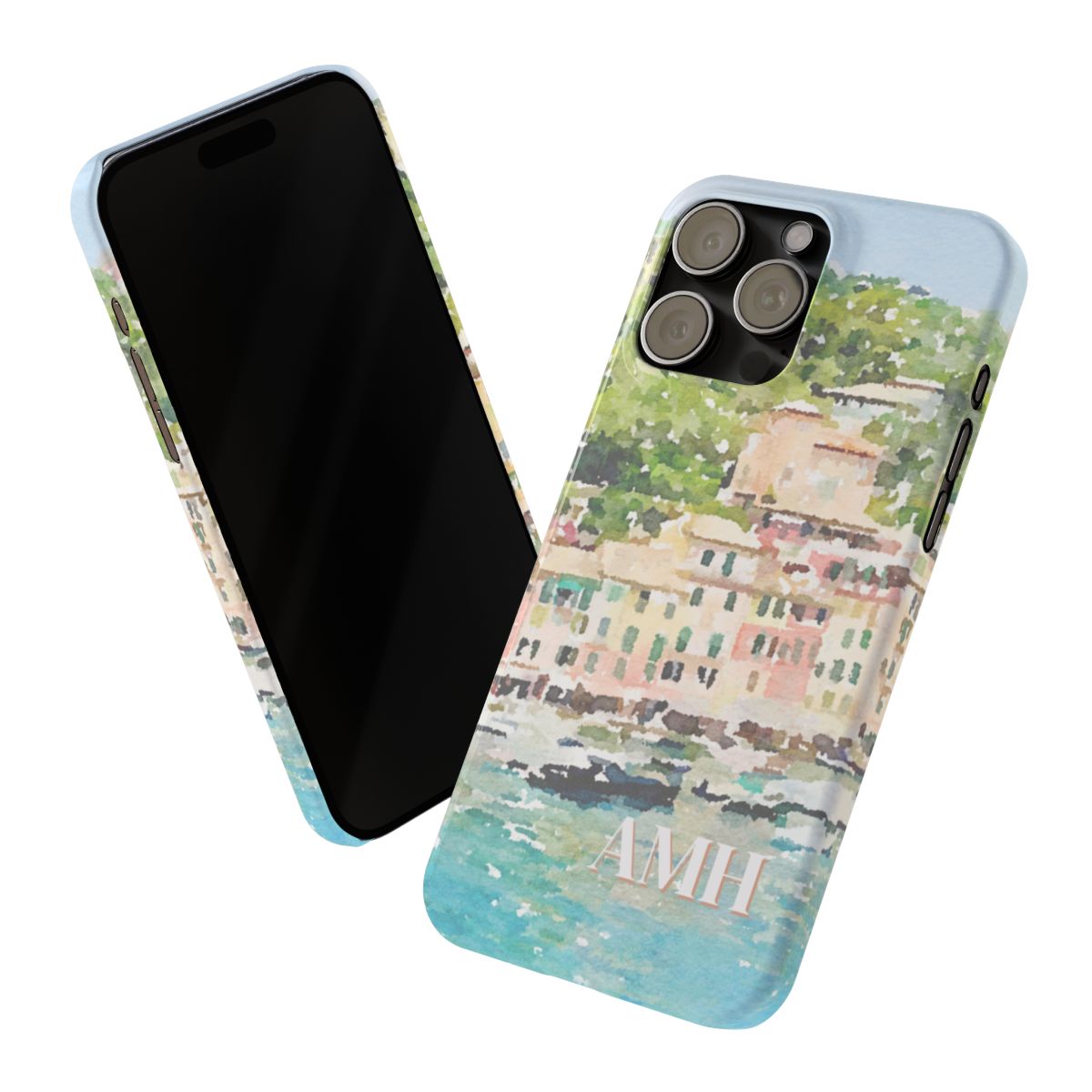 front view of personalized slim iPhone case with cream monogram on a background image of Portofino in a watercolor style.