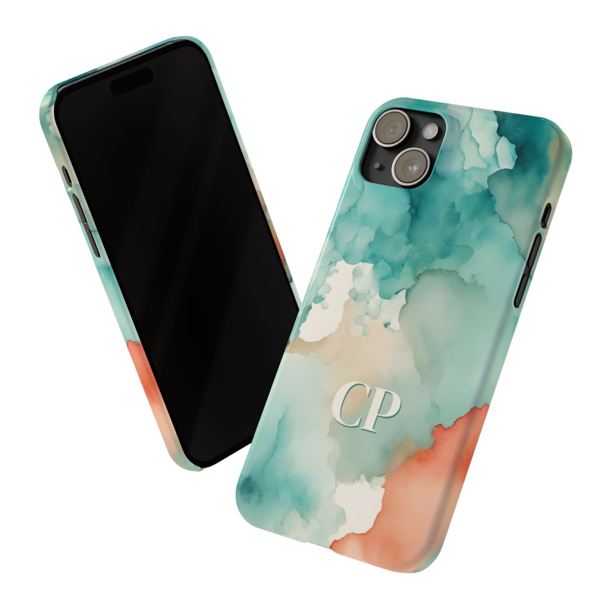 personalized slim iPhone case with cream monogram on an abstract watercolor background in turquoise, coral, and cream