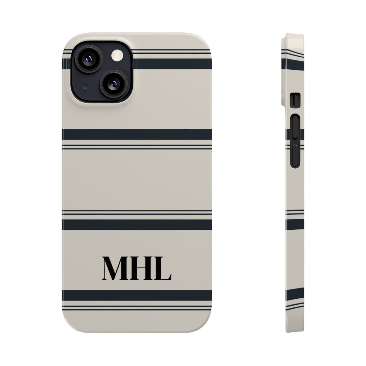 front and side view of personalized slim iPhone case with black monogram and horizontal black and cream striped pattern