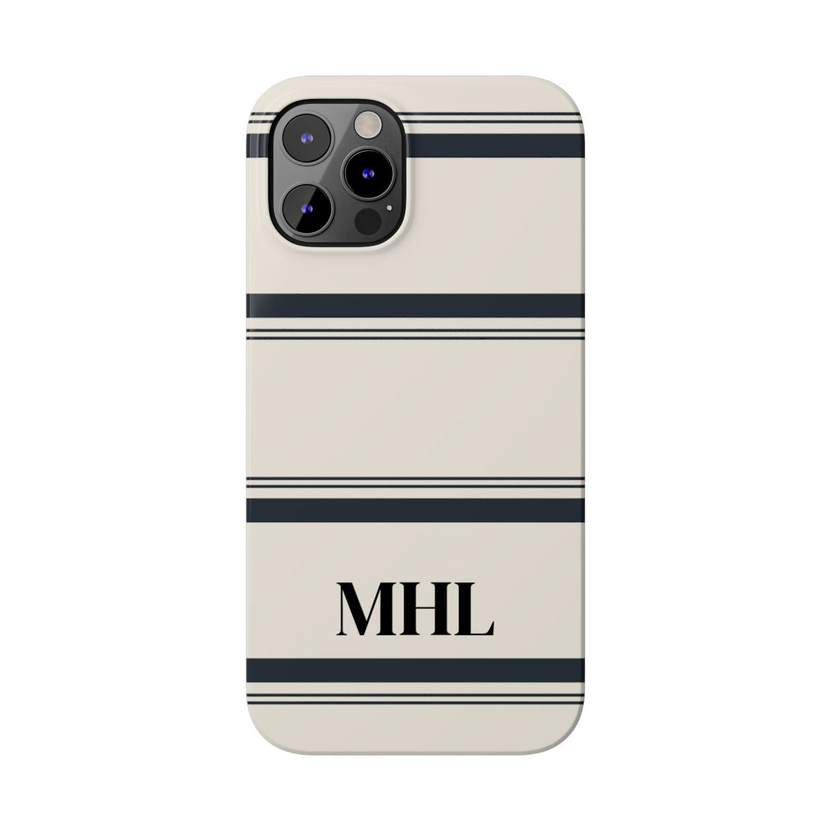 personalized slim iPhone case with black monogram and horizontal black and cream striped pattern