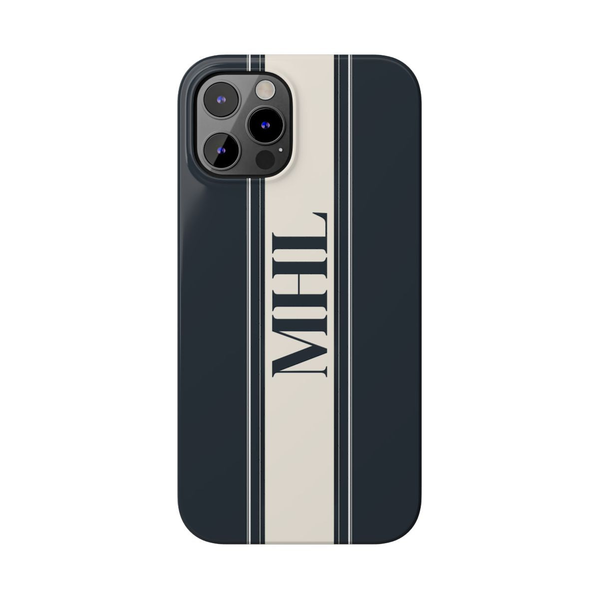 front view of personalized slim iPhone case with black monogram on a cream and black vertical striped background