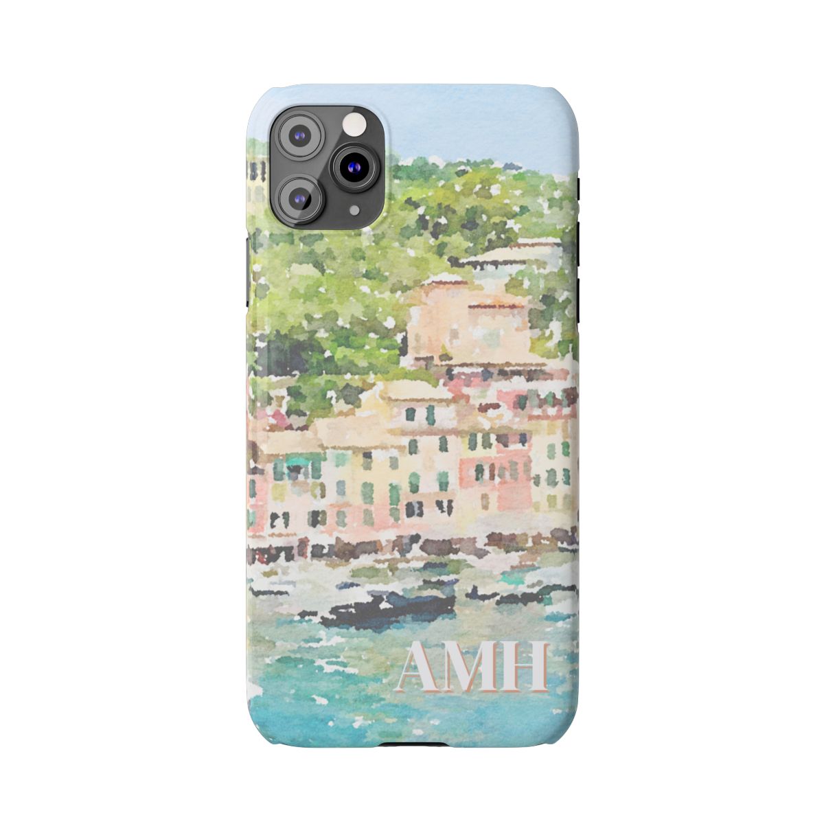 front view of personalized slim iPhone case with cream monogram on a background image of Portofino in a watercolor style.