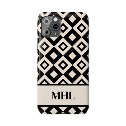 front view of personalized slim iPhone case with black monogram on cream and black repeating diamond pattern background